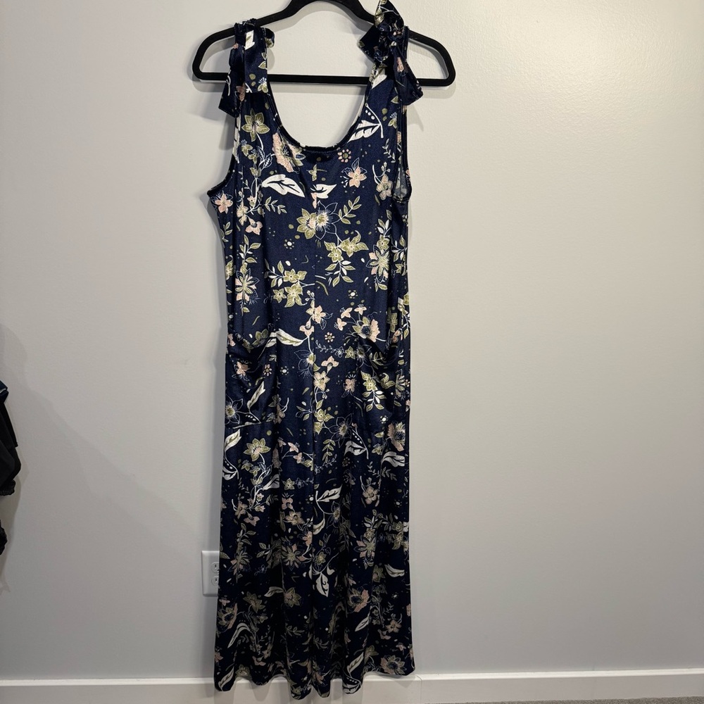 Earthbound‎ Blue Floral Sleeveless Velvet Wide Leg Stretch Jumpsuit Pockets